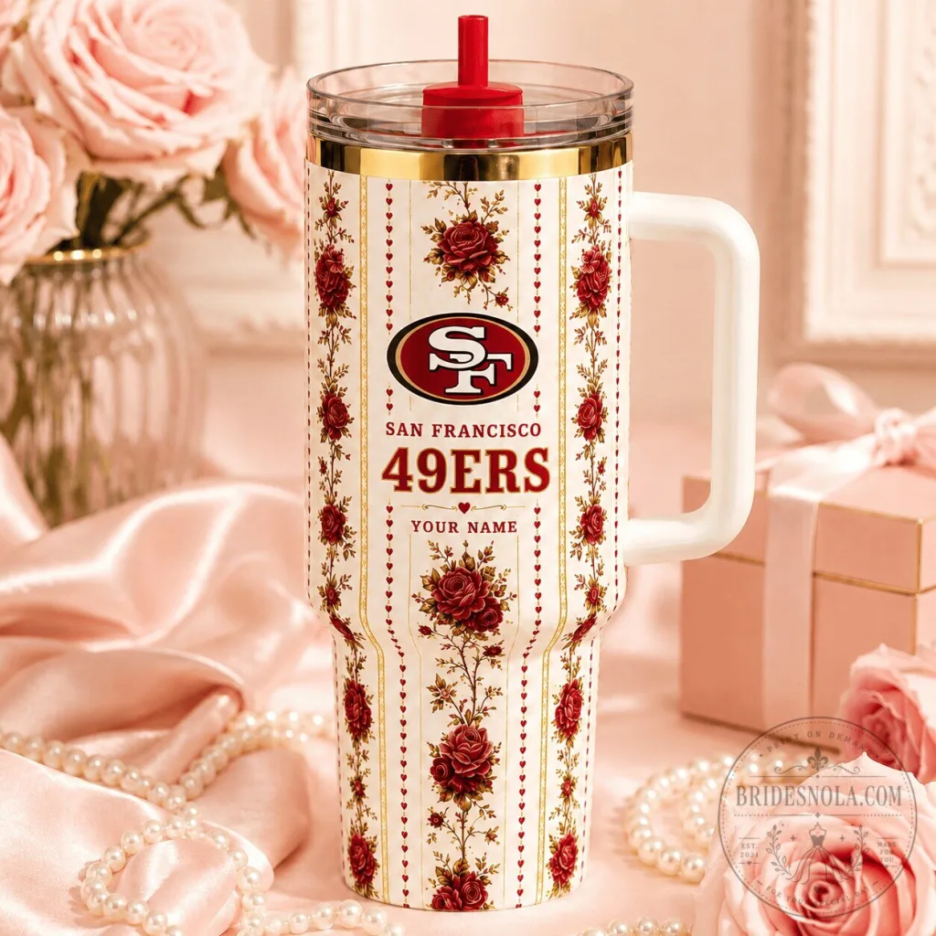San Francisco 49ers Floral Pattern Insulated Travel Tumbler with Handle San Francisco 49ers Floral Pattern Insulated Travel Tumbler with Handle