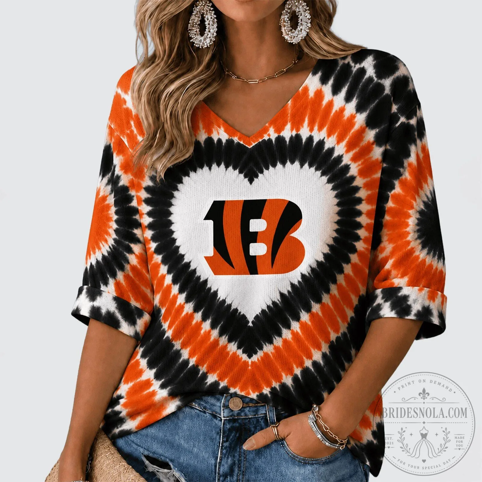 Cincinnati Bengals Tie Dye Heart Pattern Long Sleeve Shirt
