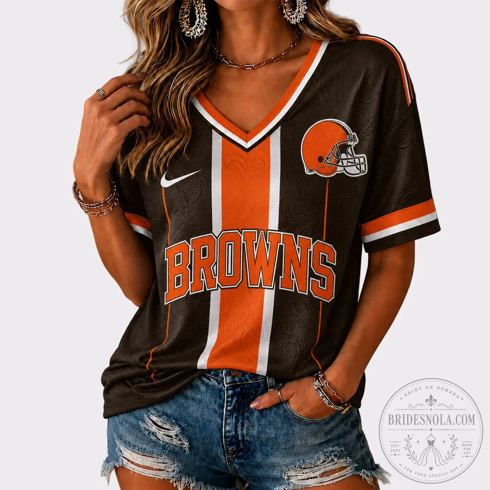 Cleveland Browns Football Team Brown and Orange V-Neck Short Sleeve T-Shirt