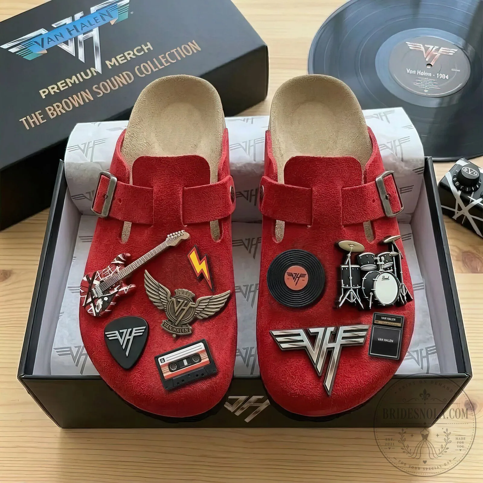 Van Halen Band Logo Red Suede Clogs