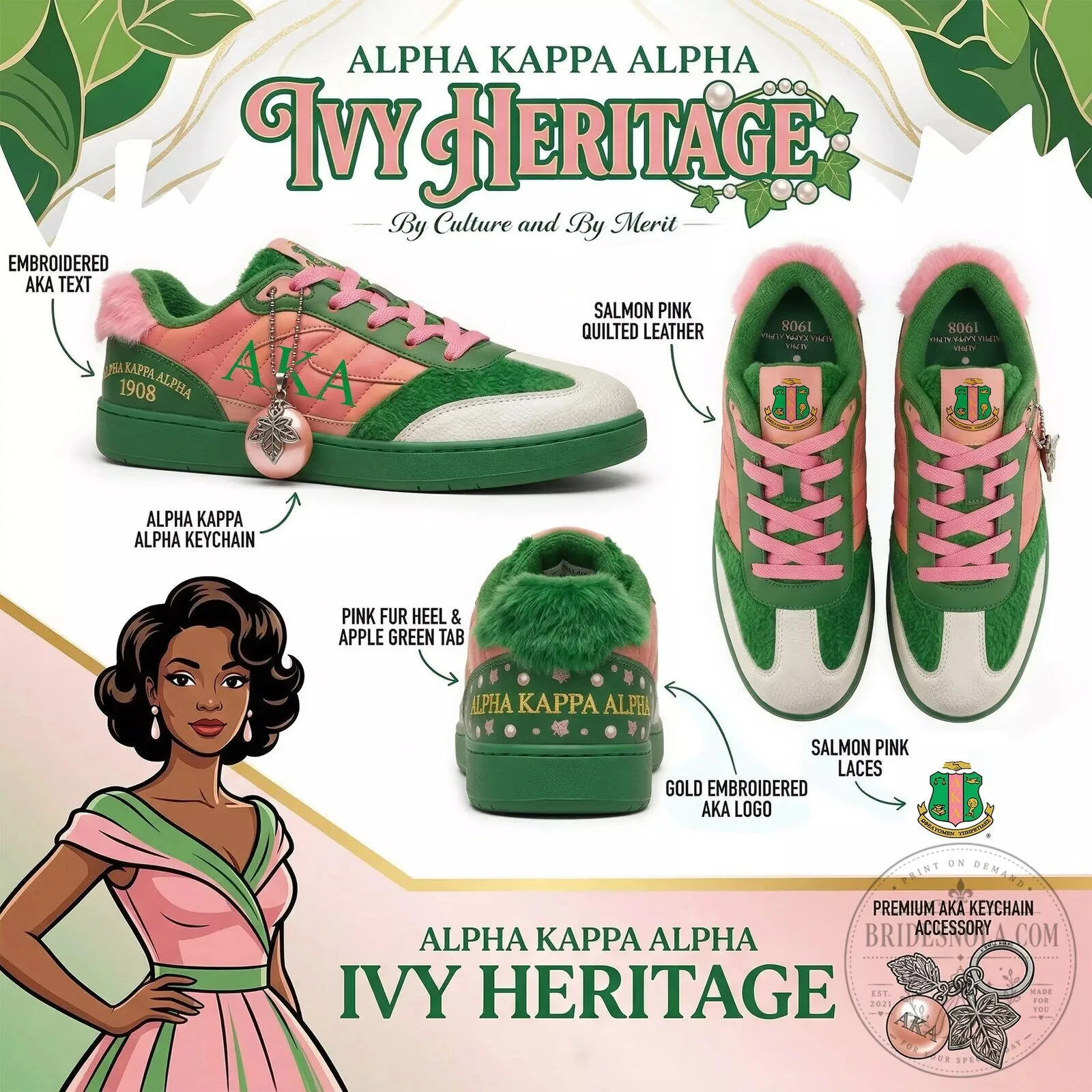 Alpha Kappa Alpha Ivy Heritage Pink and Green Embroidered Stan Smith Shoes