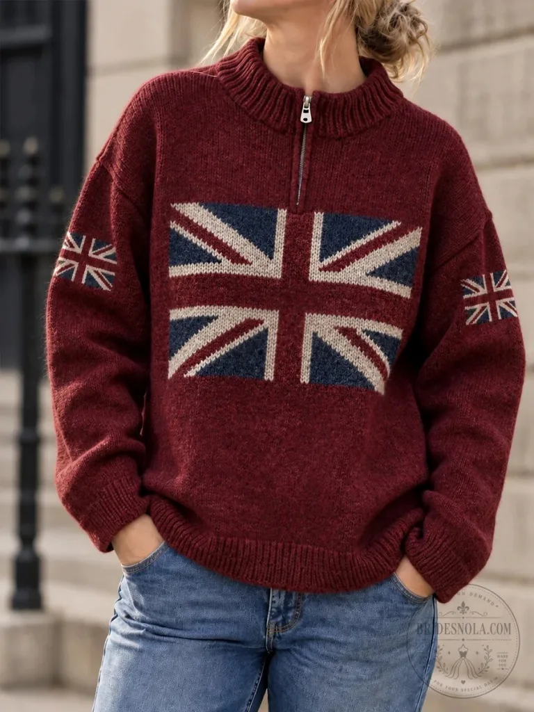 United Kingdom Flag Quarter Zip Pullover Sweater for Women