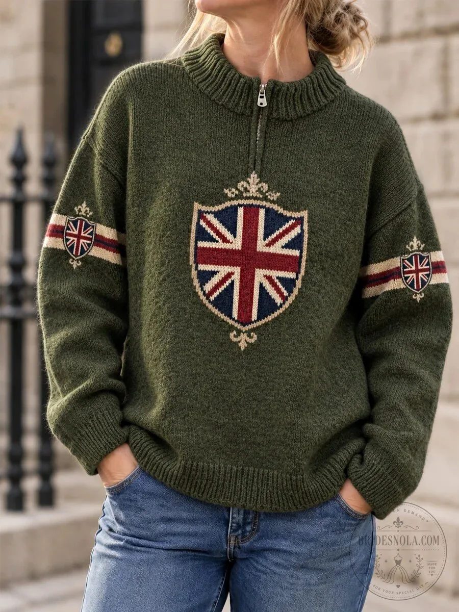 United Kingdom Flag Half-Zip Pullover Sweater for Women