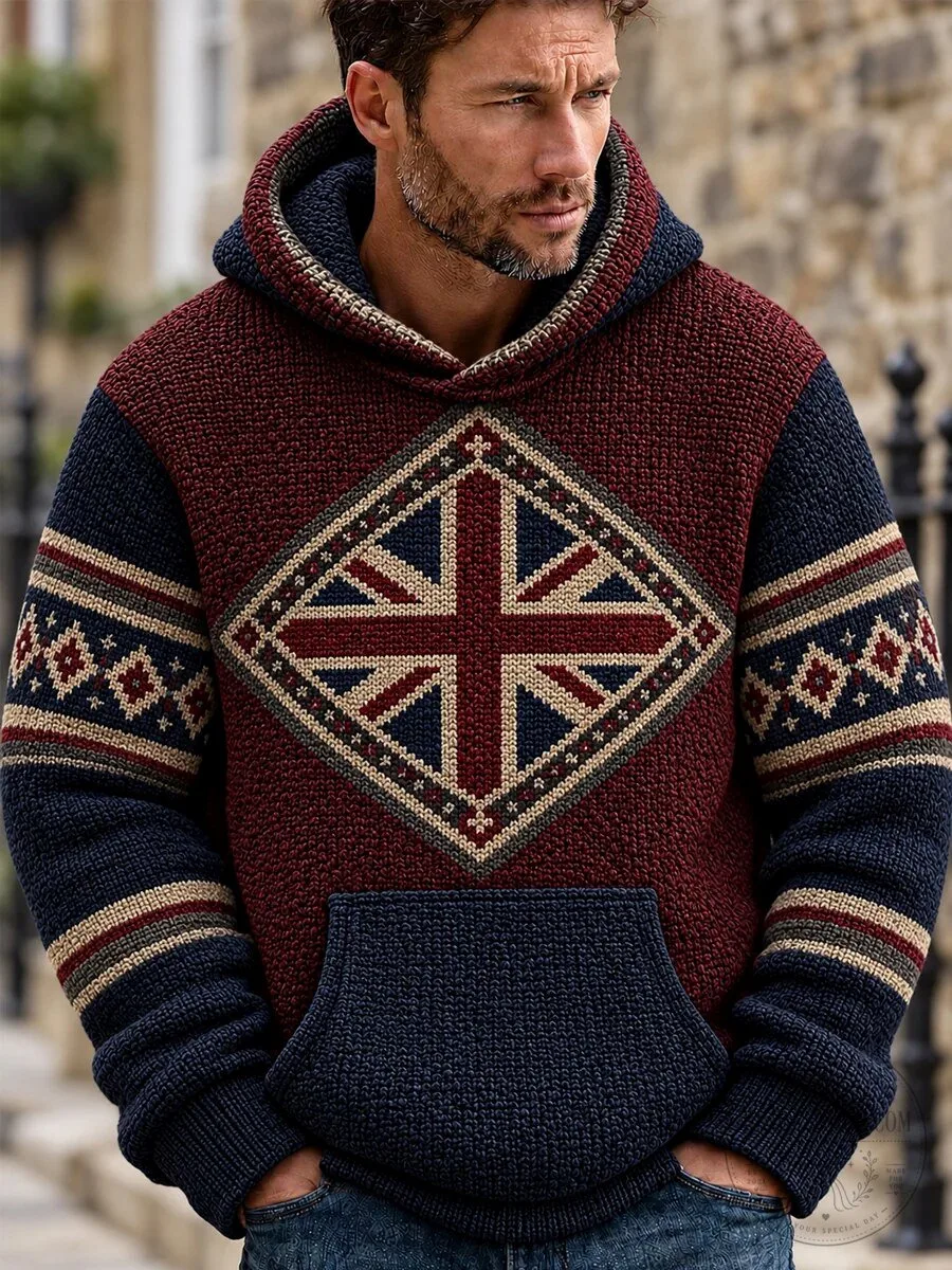 United Kingdom Flag Knitted Pullover Hoodie for Men