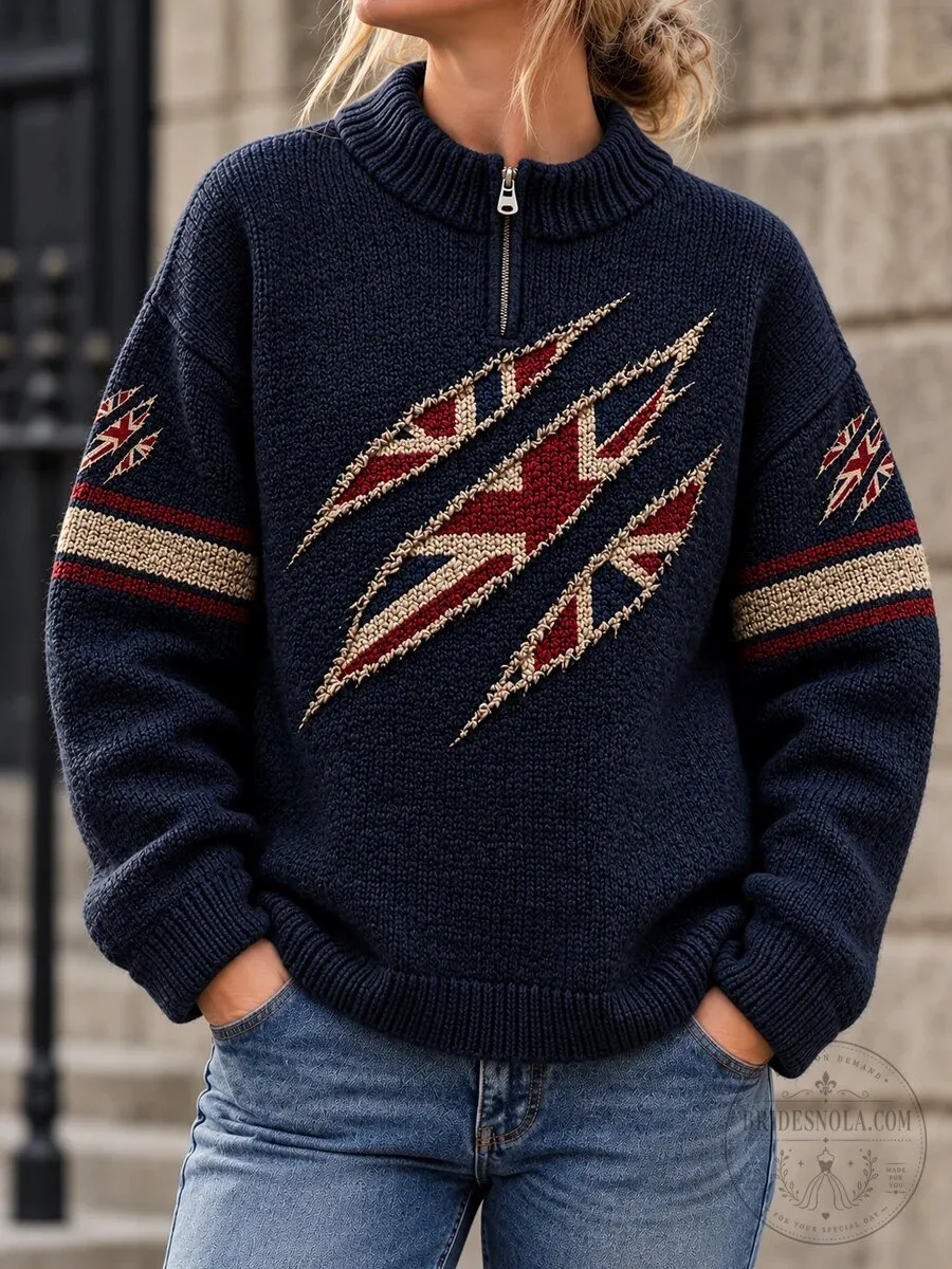 United Kingdom Flag Claw Mark Embroidered Quarter Zip Pullover Sweatshirt
