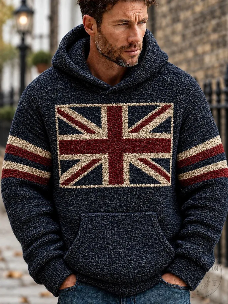 Union Jack Flag Knitted Pullover Hoodie for Men