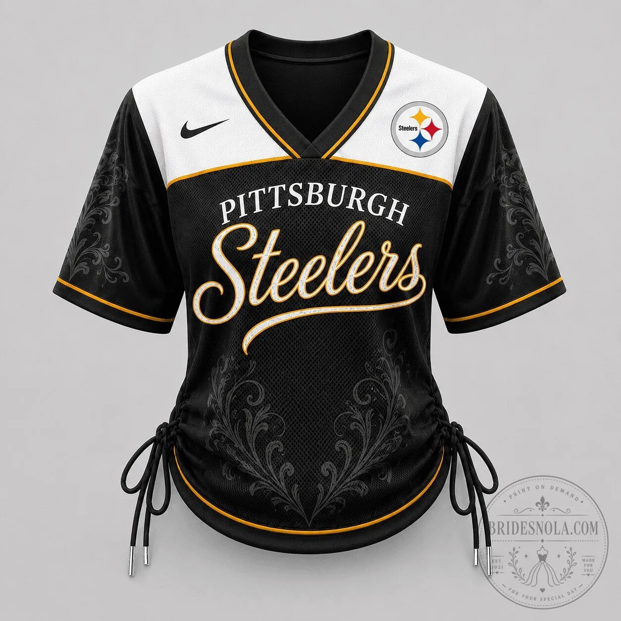 Pittsburgh Steelers Women's Black and White Lace-Up Game Day Football Jersey