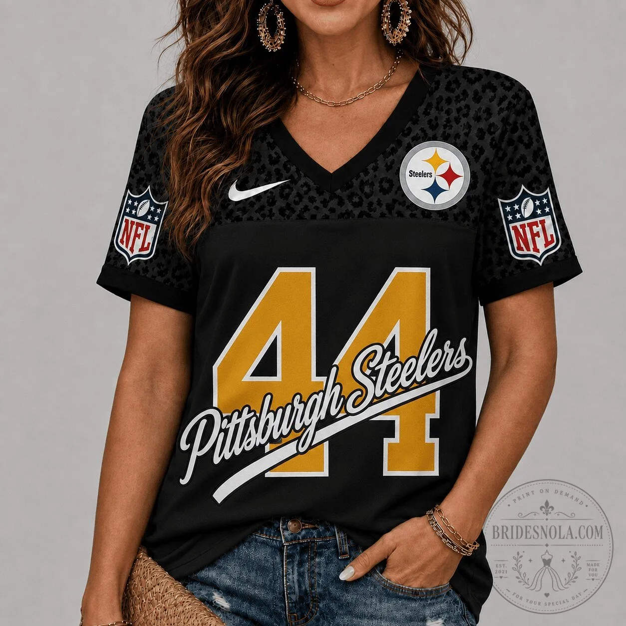 Pittsburgh Steelers Leopard Print V-Neck Football Jersey
