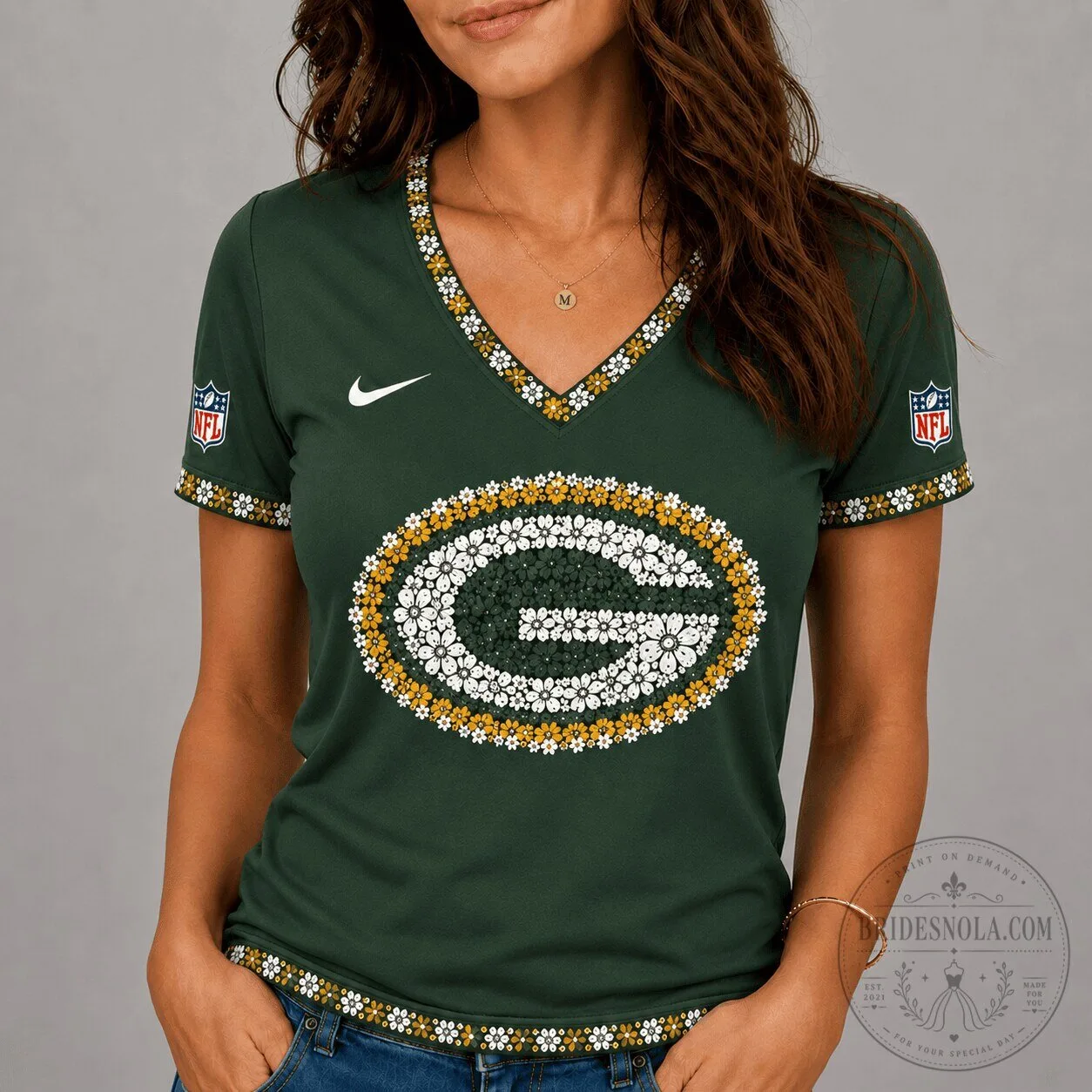 Green Bay Packers Floral Logo V-Neck Short Sleeve T-Shirt for Women
