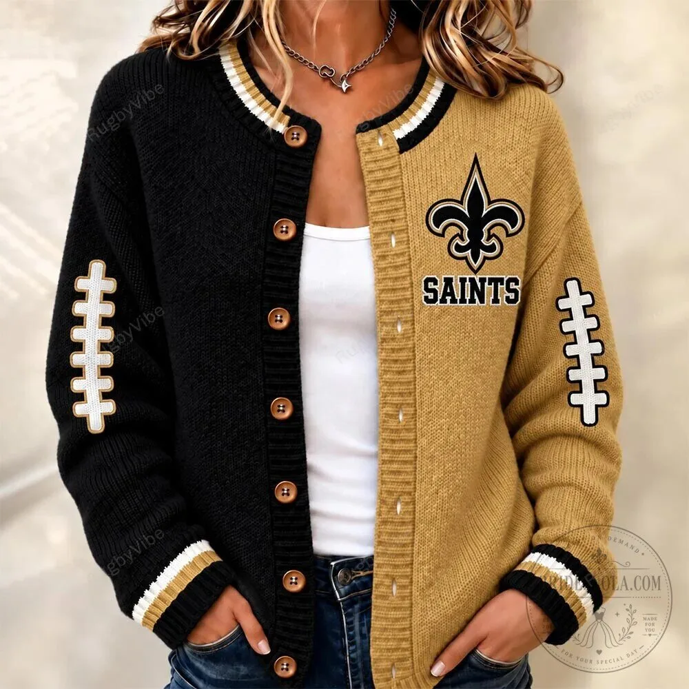 New Orleans Saints Football Team Black and Gold Cardigan Sweater