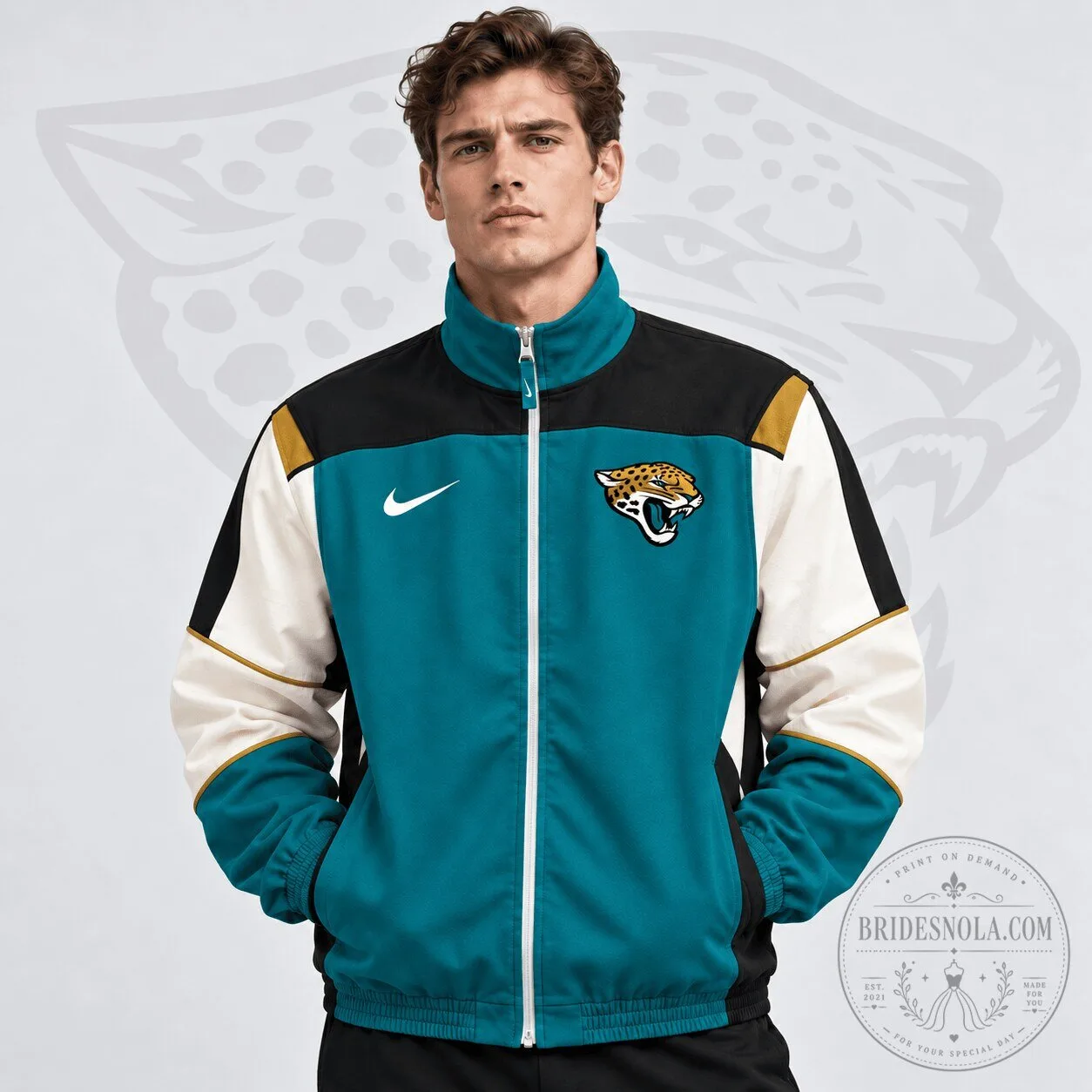 Jacksonville Jaguars NFL Team Crest Retro Color Block Full Zip Windbreaker Jacket