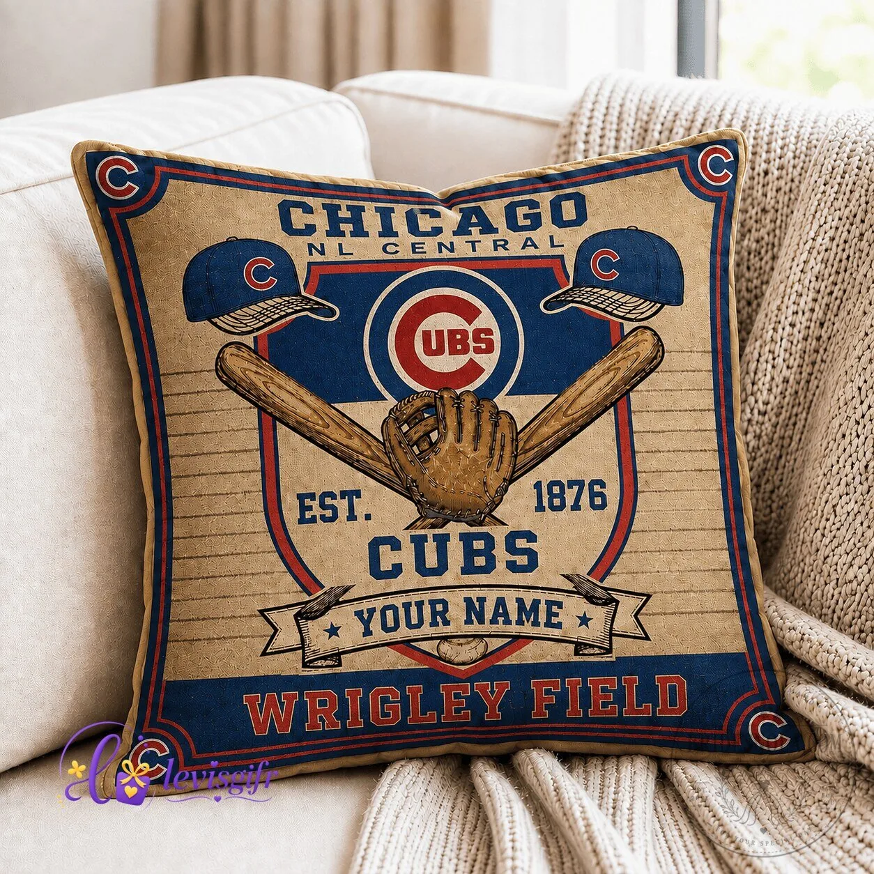Chicago Cubs Baseball Wrigley Field Throw Pillow Personalized Gift