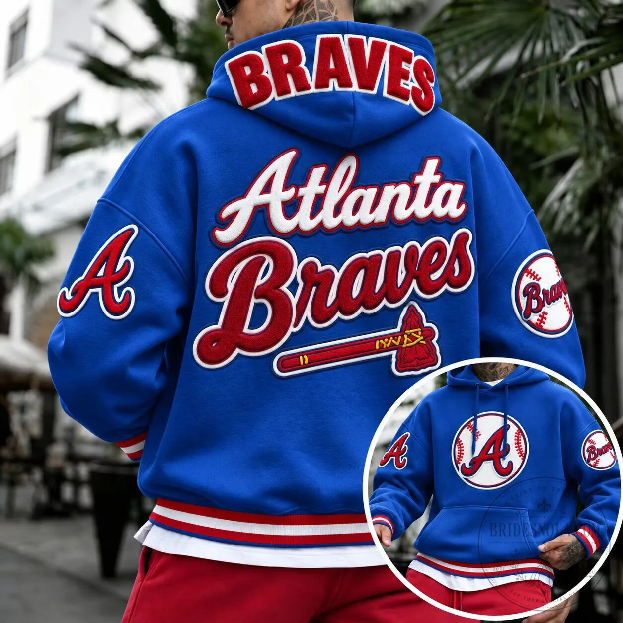 Royal Blue Embroidered Hoodie featuring Atlanta Braves Baseball Team Logo