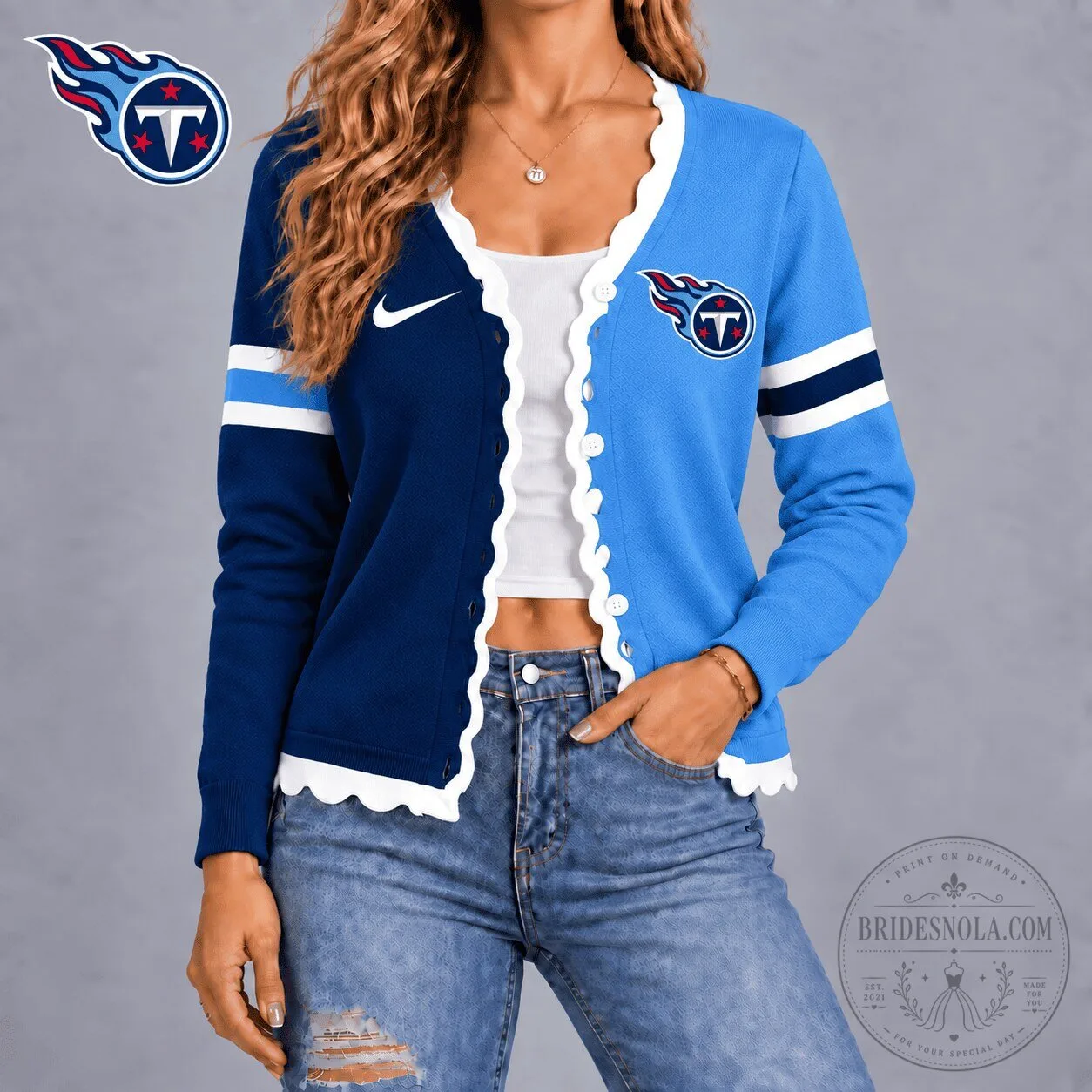 Tennessee Titans Women's Split Color Scallop Edge Button Down Cardigan