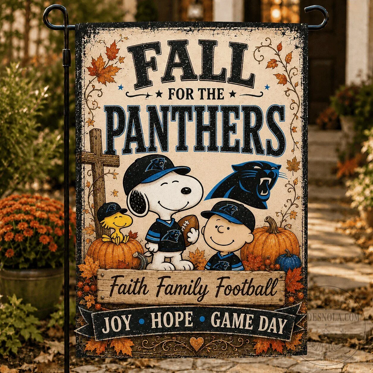 Carolina Panthers Snoopy Peanuts Fall Faith Family Football Garden Flag