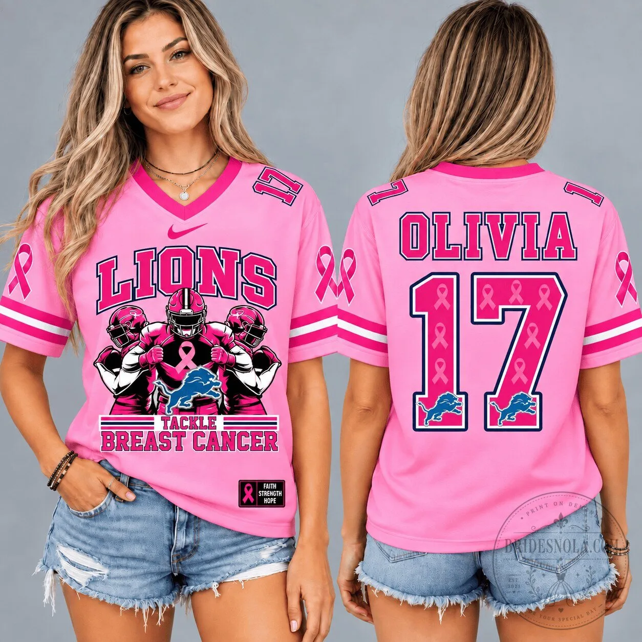 Detroit Lions Pink Ribbon Breast Cancer Awareness Football Jersey