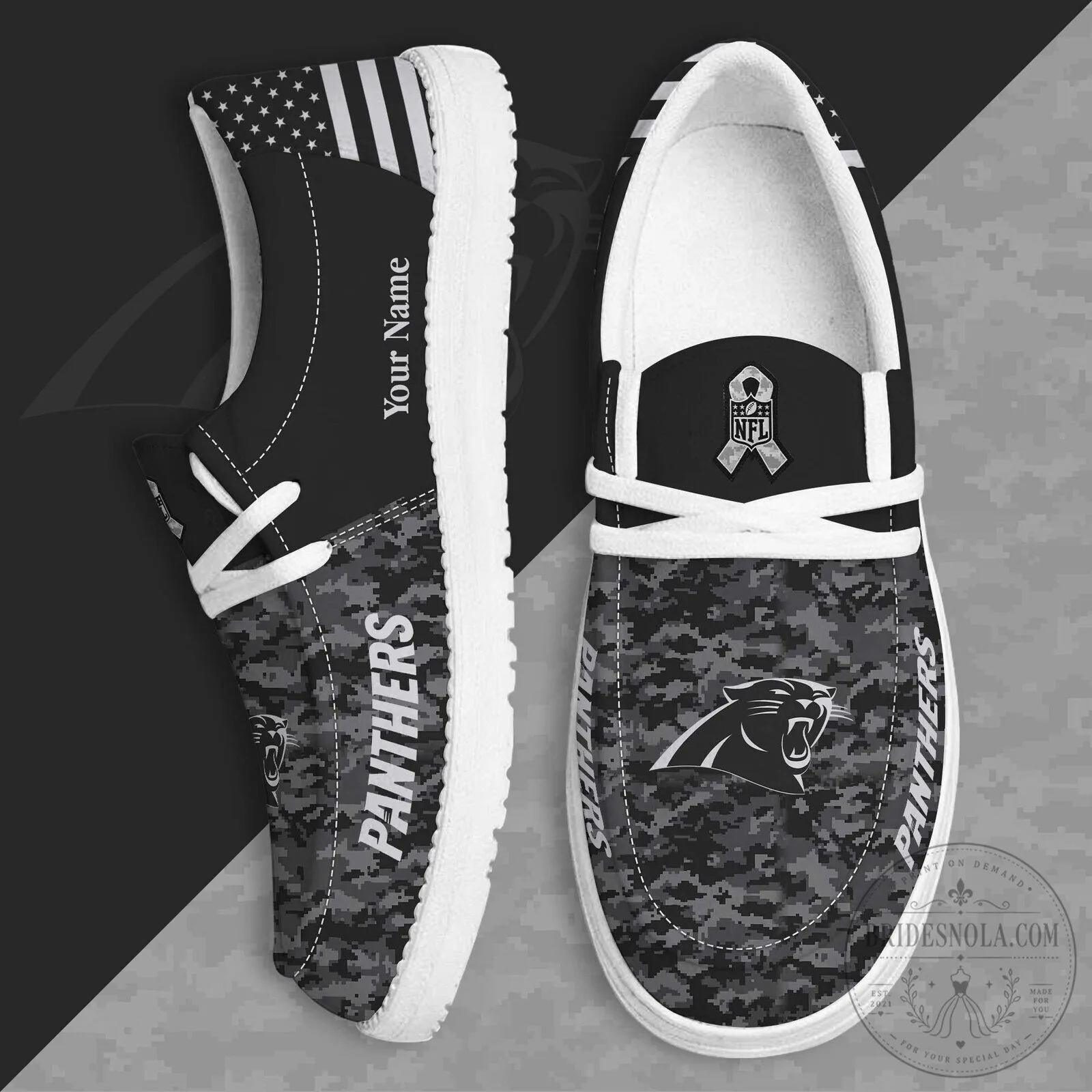 Carolina Panthers Salute To Service Custom Name Digital Camouflage Shoes