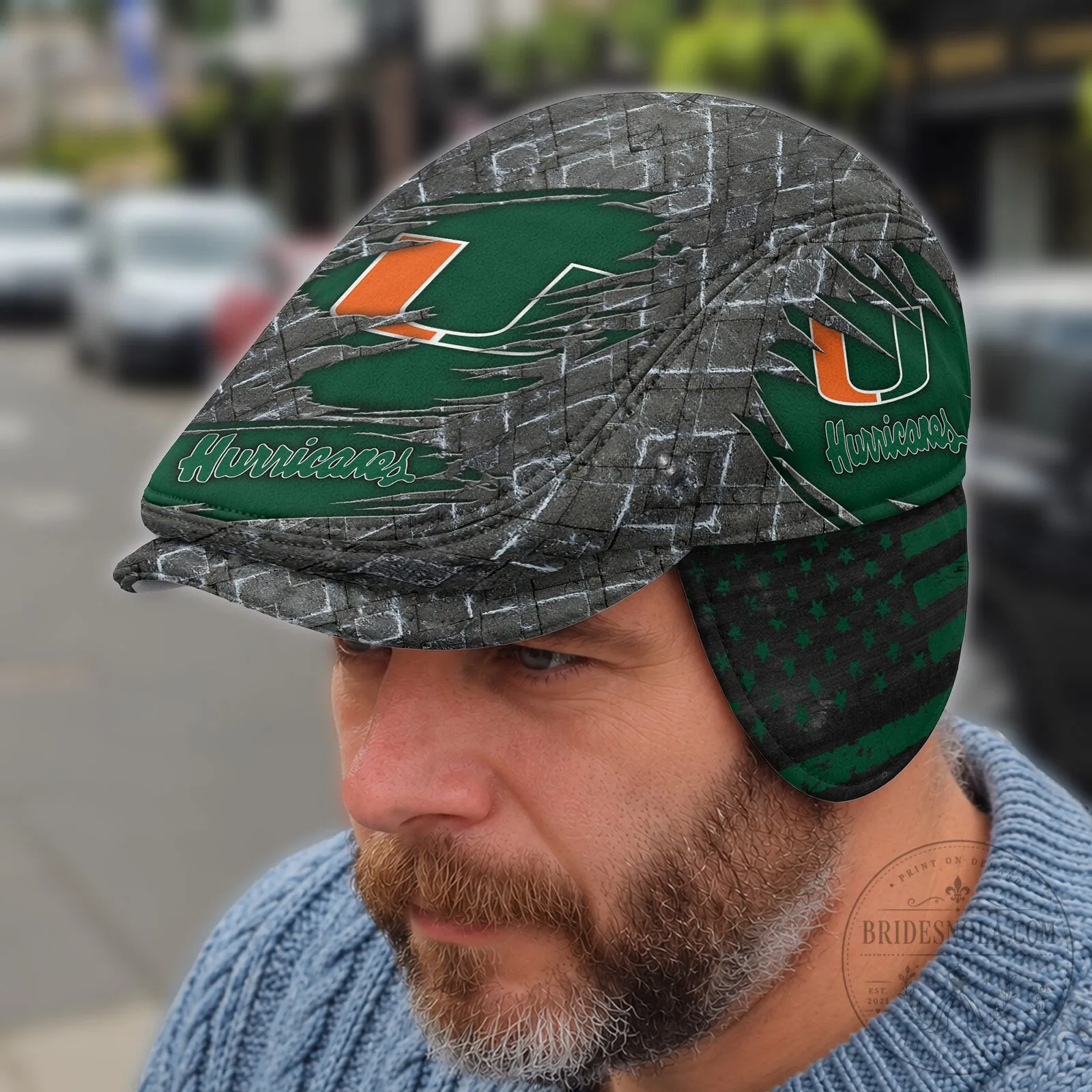 Miami Hurricanes Flat Cap with Foldable Ear Flaps, Distressed Brick Pattern