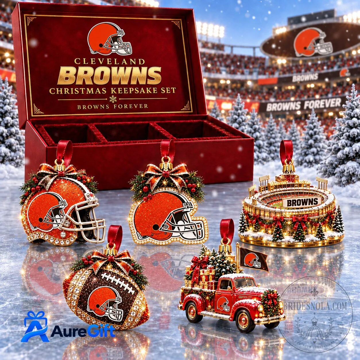 Cleveland Browns Christmas Keepsake Set Football Helmet Truck Stadium Ornaments
