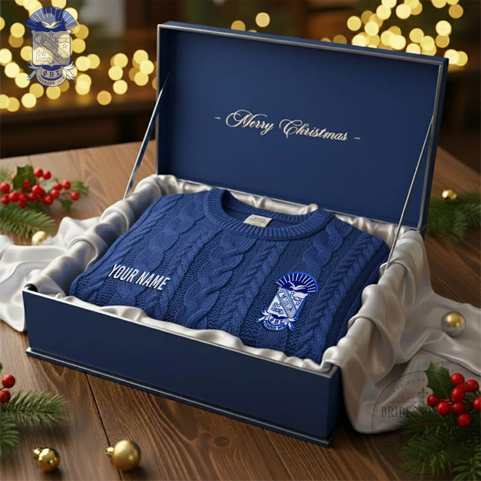 Phi Beta Sigma Fraternity Blue Cable Knit Crewneck Sweater with Custom Name
