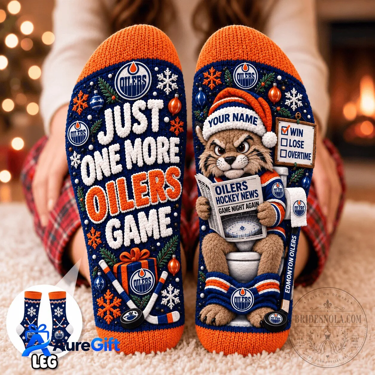 Edmonton Oilers Christmas Just One More Game Personalized Winter Holiday Socks