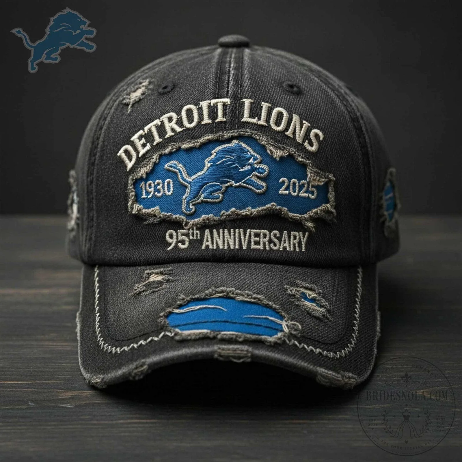 Detroit Lions 95th Anniversary Distressed Embroidered Baseball Cap Hat