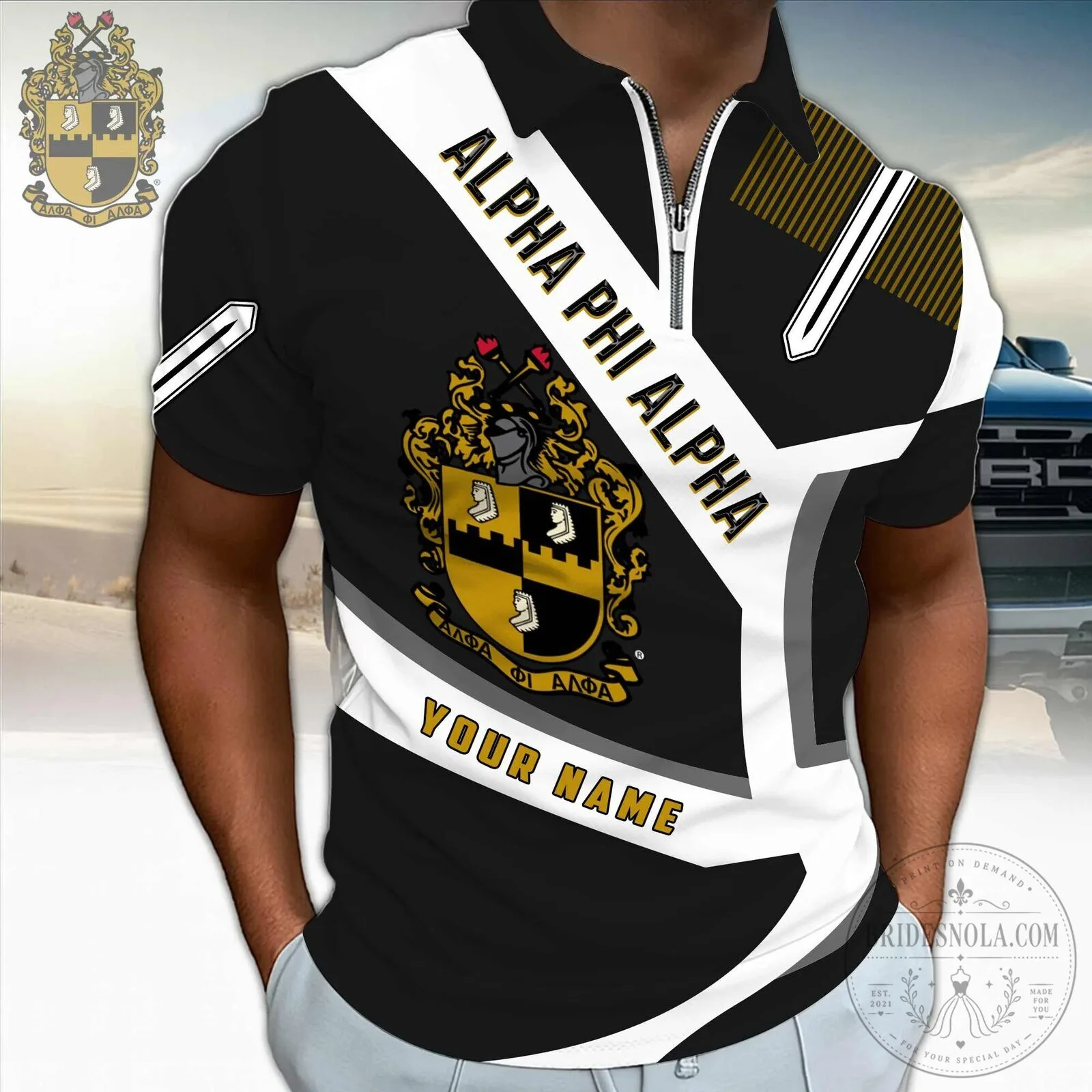 Alpha Phi Alpha Fraternity Black Gold White Striped Custom Name Polo Shirt