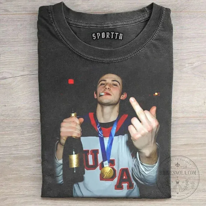 Jack Hughes Champion Middle Finger USA Olympic Medal T-Shirt