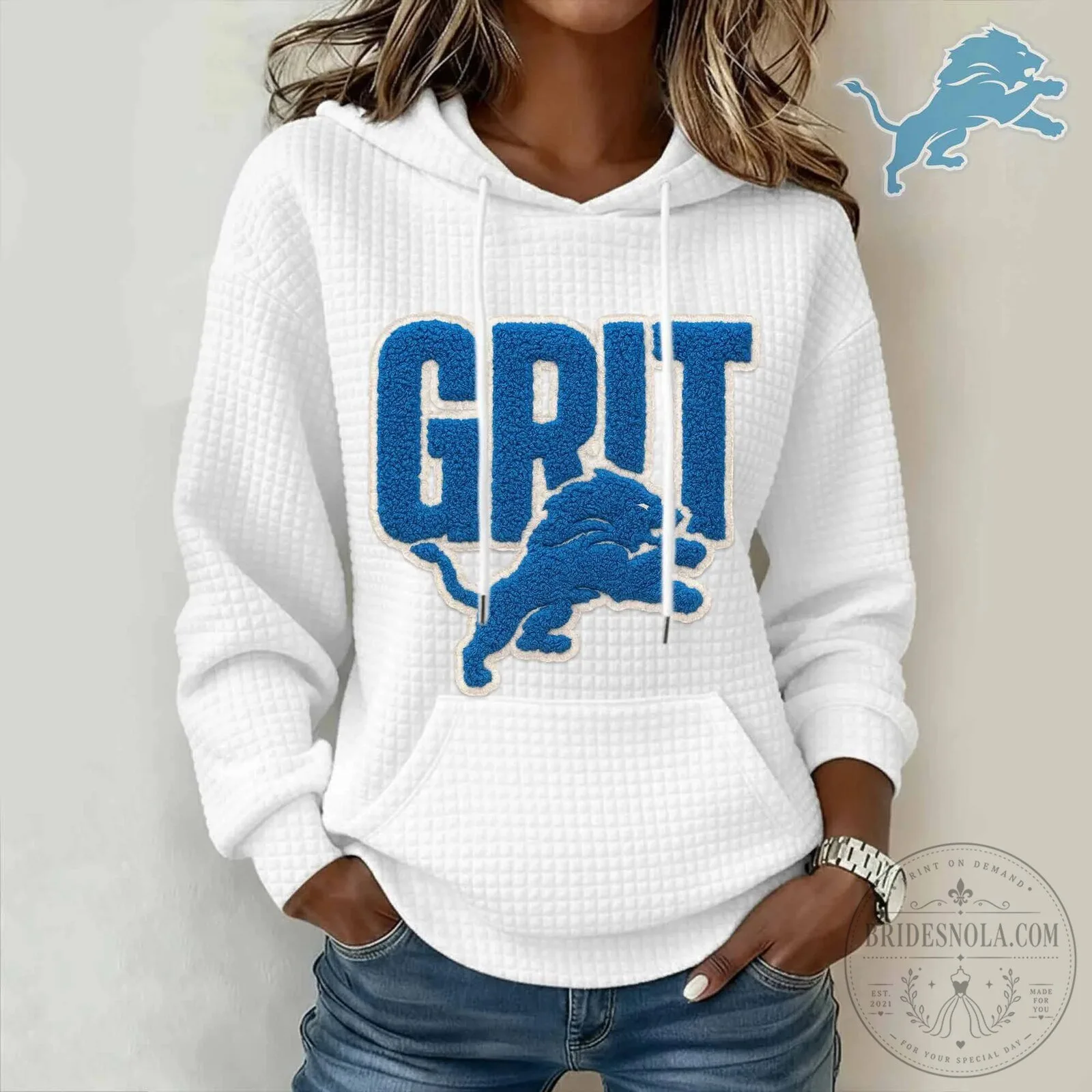 Detroit Lions Grit Football Team Logo White Quilted Hoodie