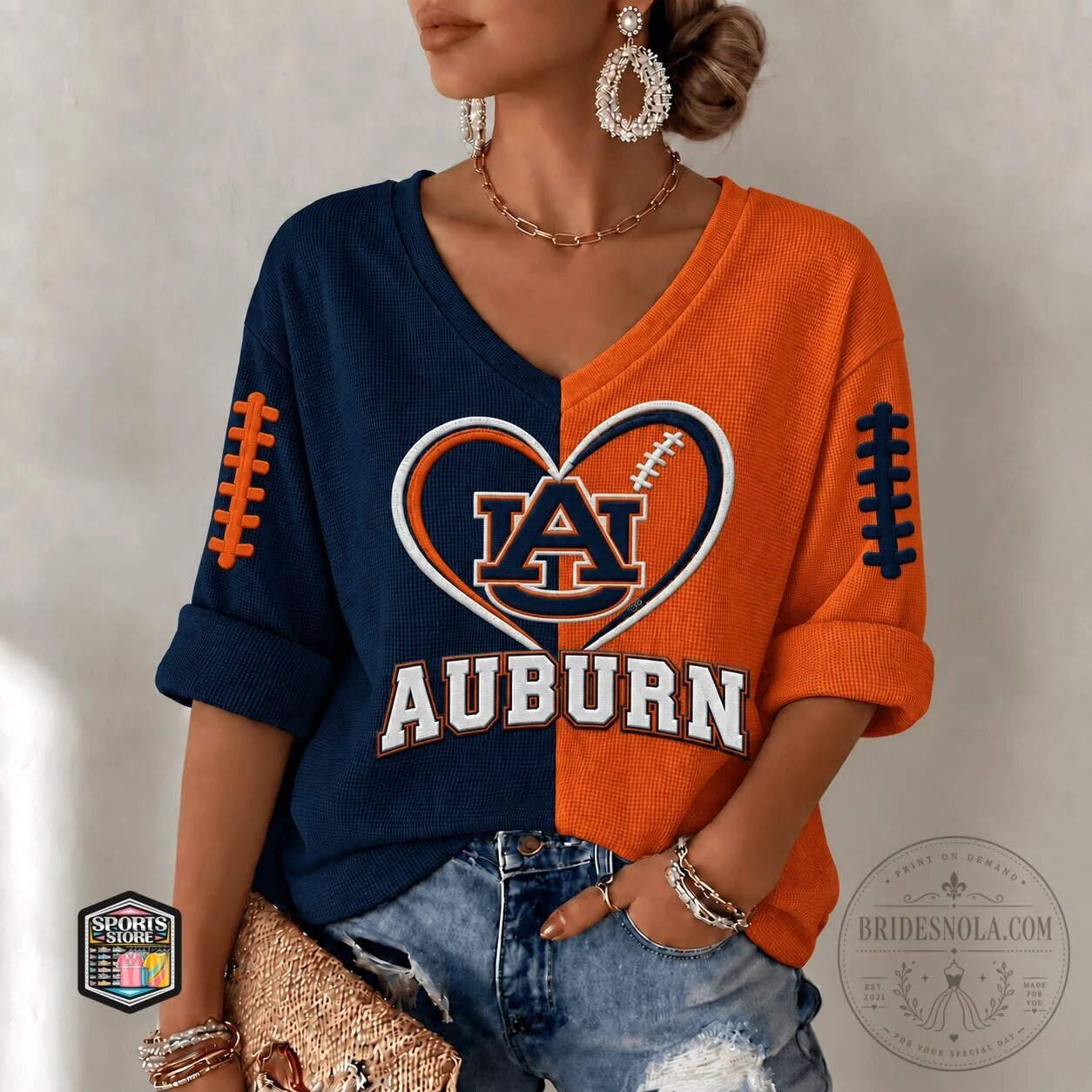 Auburn Tigers Football Heart Design V-Neck Long Sleeve Shirt
