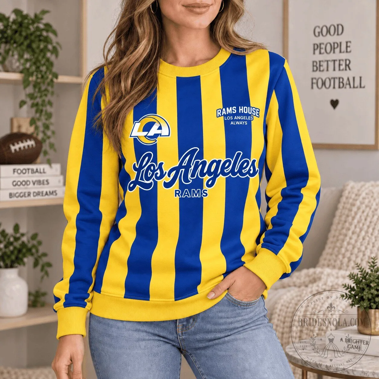Los Angeles Rams Football Team Royal Blue and Gold Striped Crewneck Sweatshirt