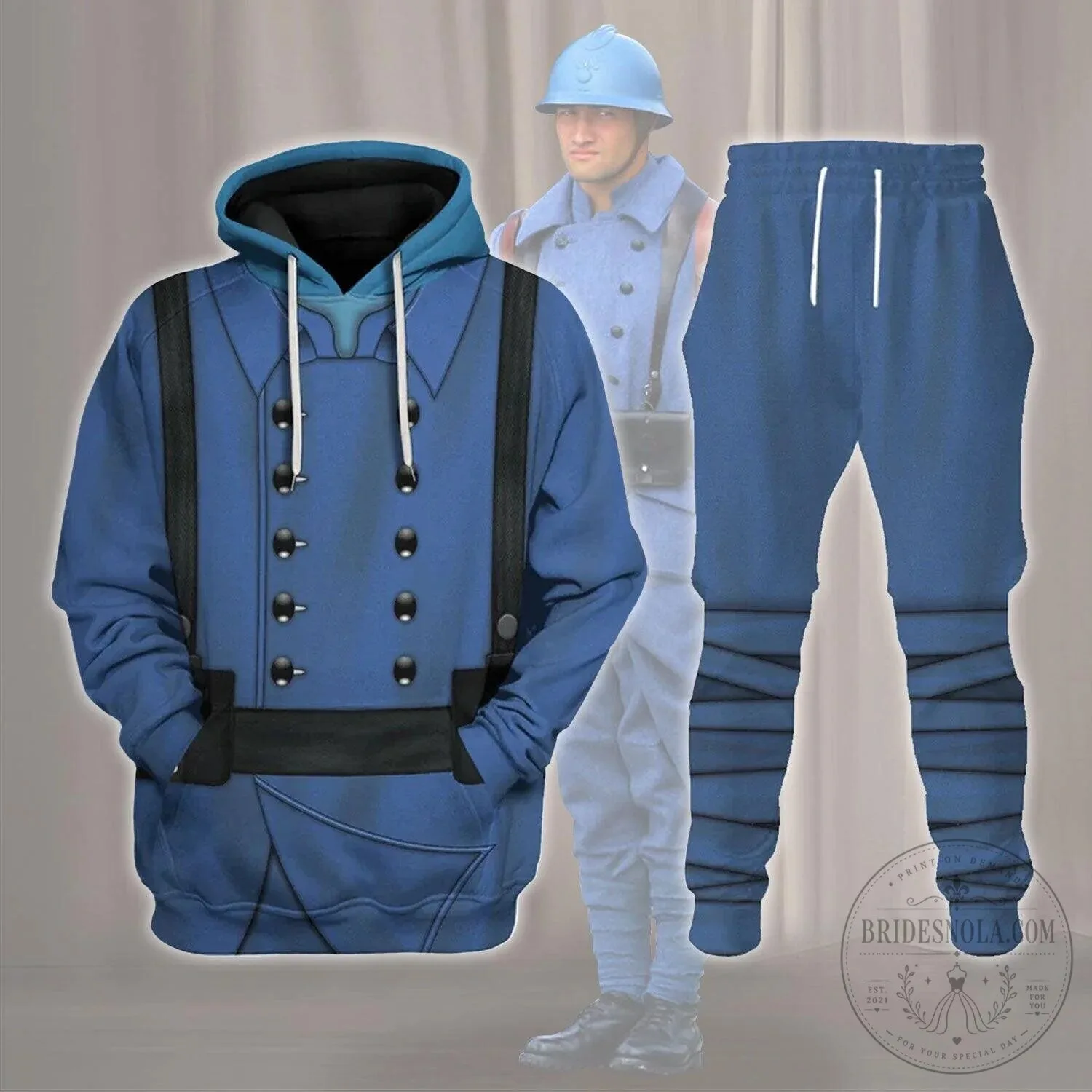 World War 1 French Soldier Uniform Costume Hoodie and Sweatpants Set