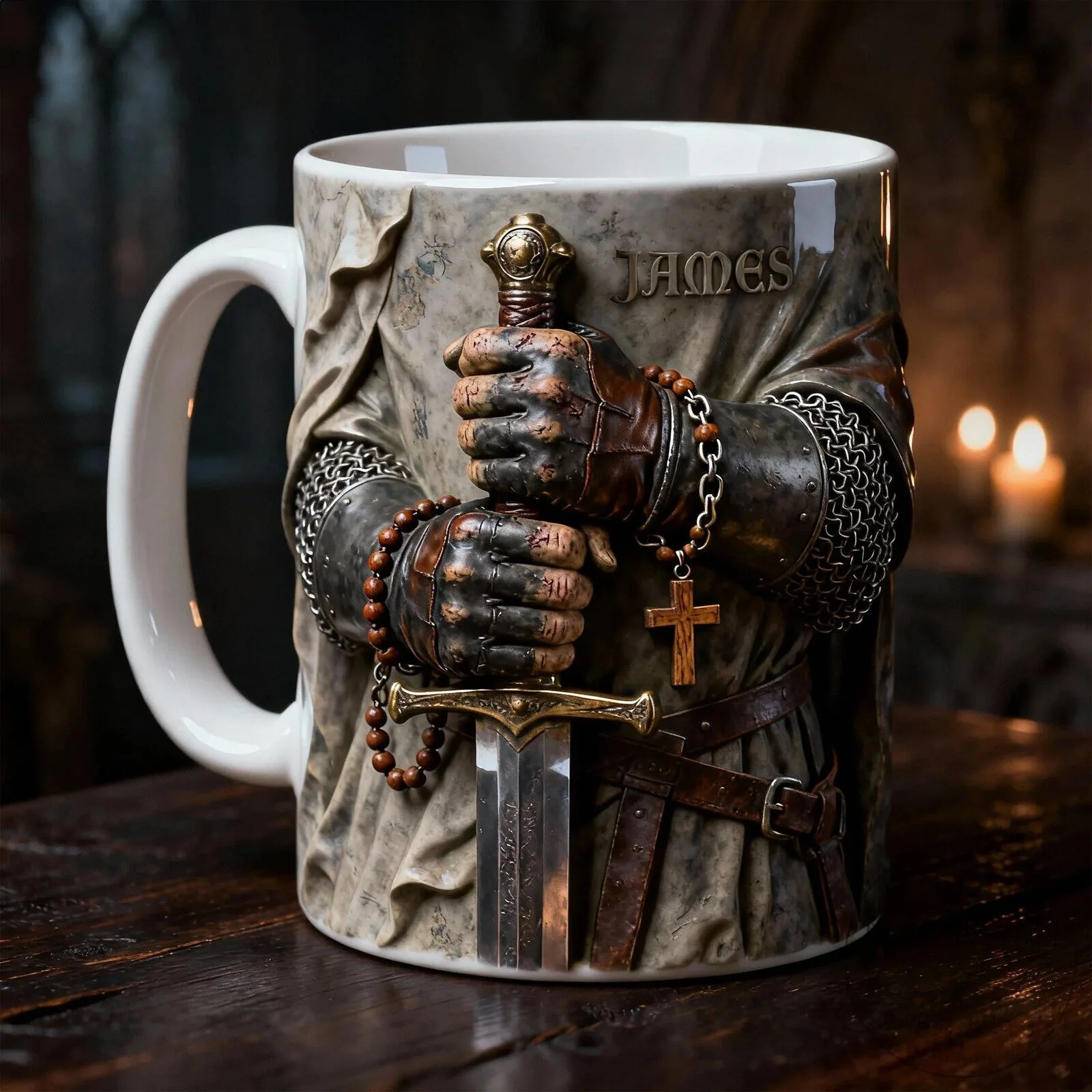 Faithful Templar Knight Crusader Sword and Rosary Personalized Coffee Mug