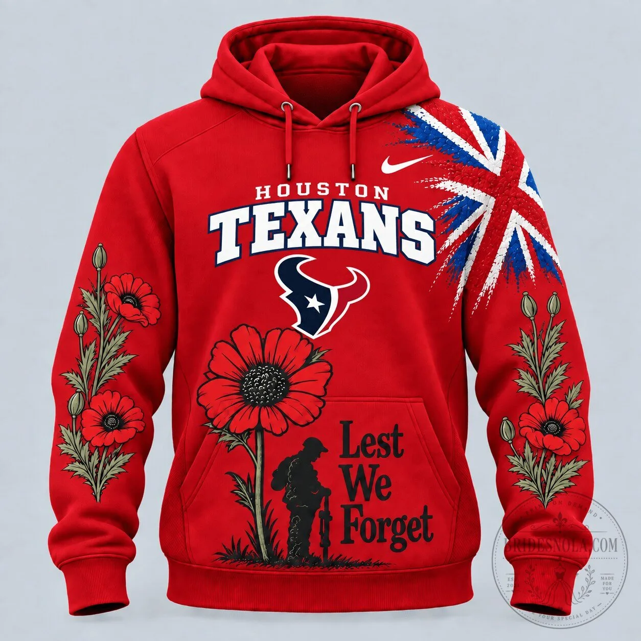 Houston Texans Lest We Forget Poppy Flower Red Hoodie