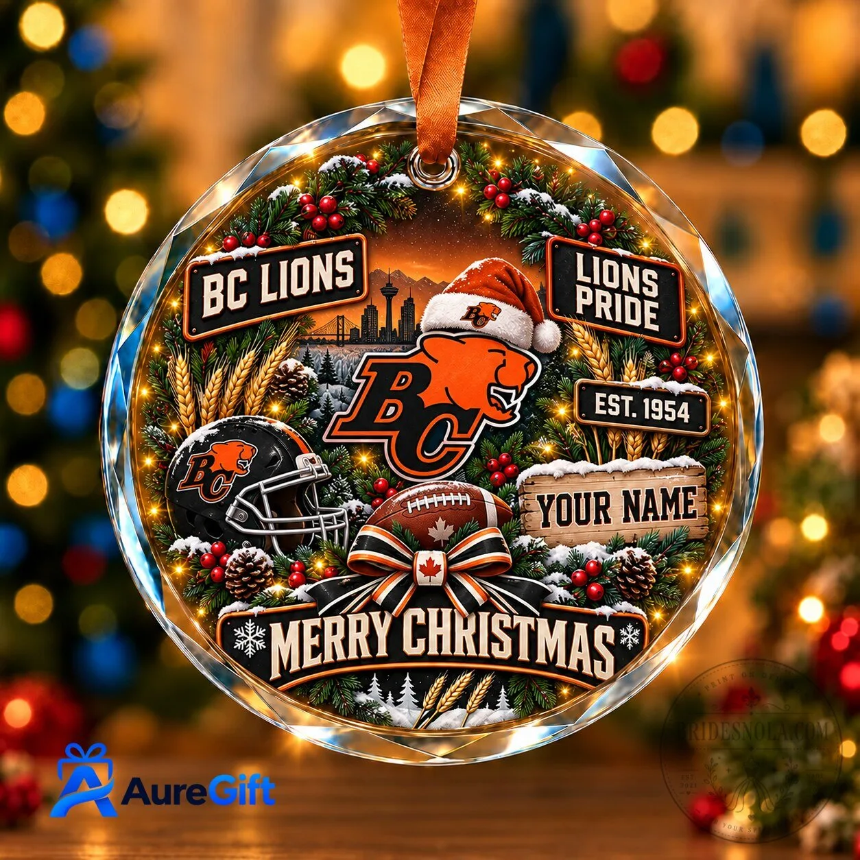 BC Lions Christmas Personalized Circle Glass Ornament