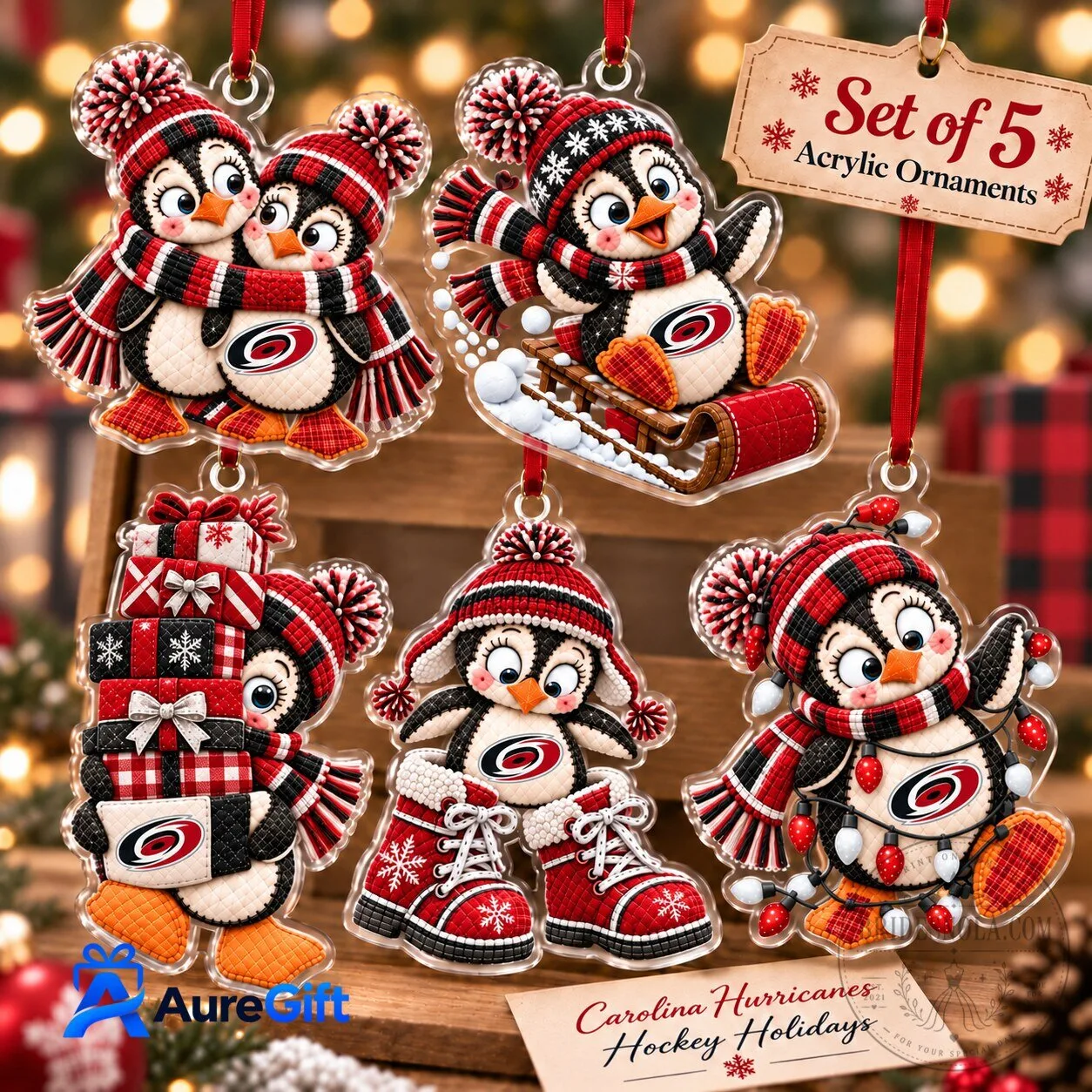 Carolina Hurricanes Hockey Holidays Christmas Penguin Acrylic Ornaments Set