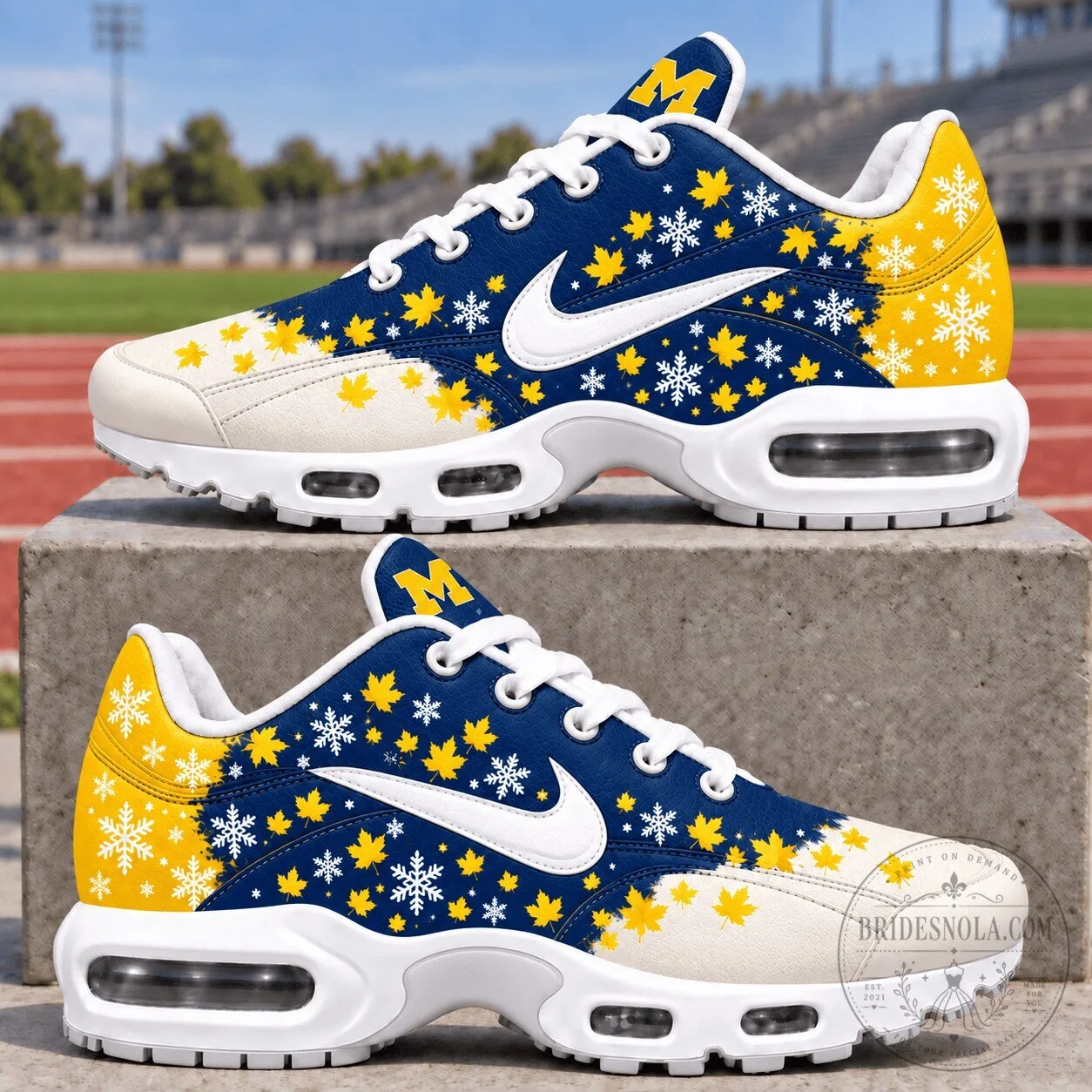 Michigan Wolverines Fall Foliage and Snowflake Pattern Sneakers
