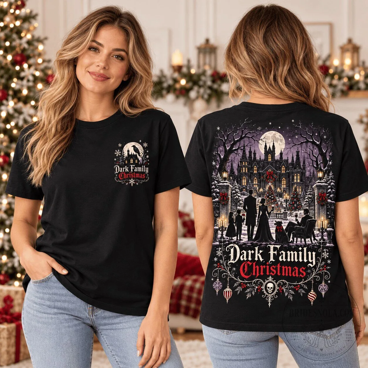 Dark Family Christmas Goth Horror Holiday Full Moon T-Shirt