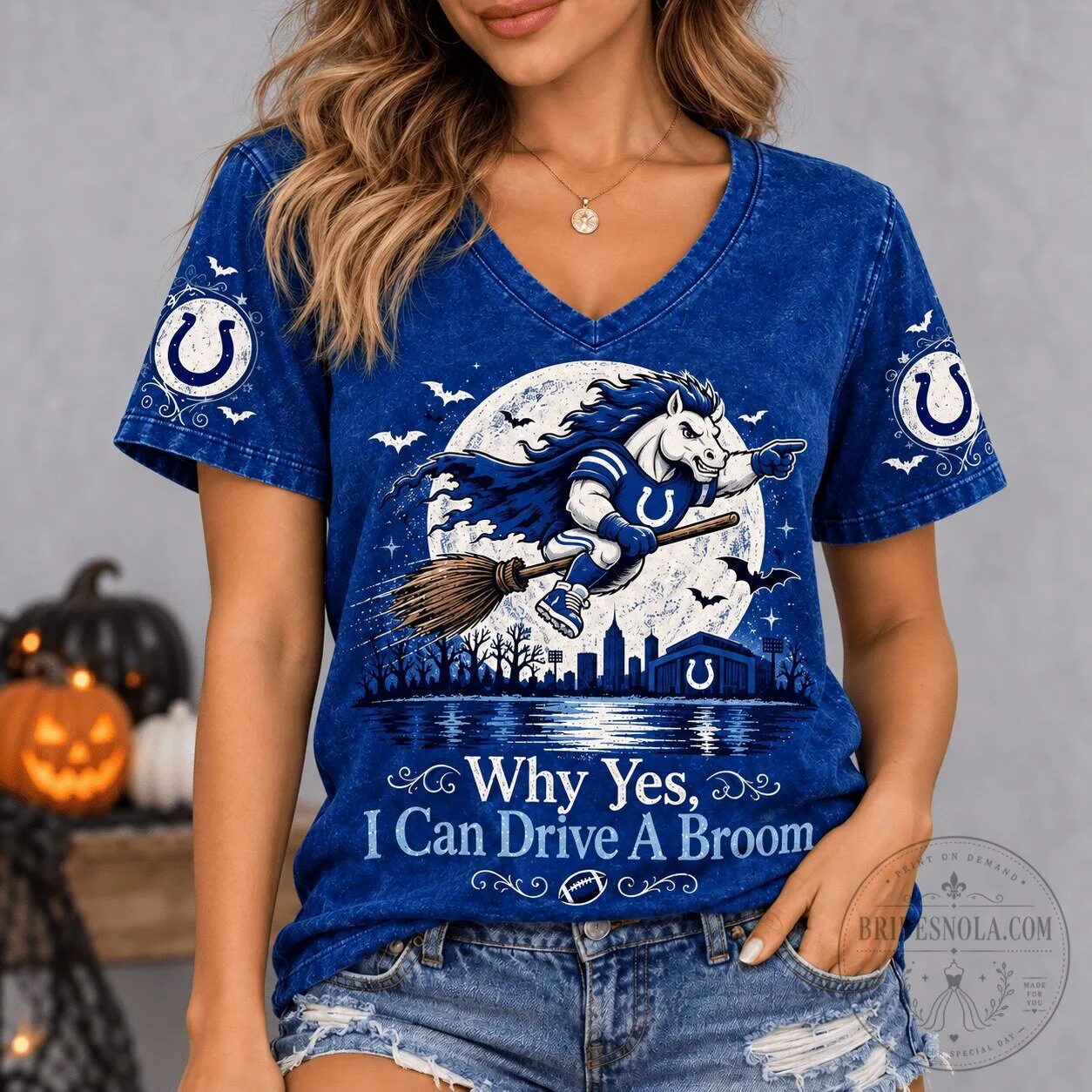 Indianapolis Colts Halloween Witch Horse Riding Broom V-Neck T-Shirt