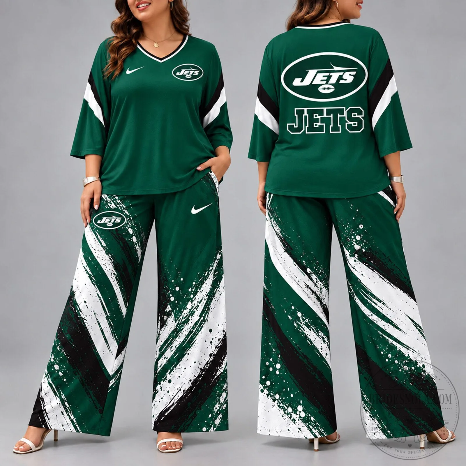 New York Jets Football Team Matching V-Neck Shirt and Wide-Leg Pants Set 2 New York Jets Football Team Matching V-Neck Shirt and Wide-Leg Pants Set