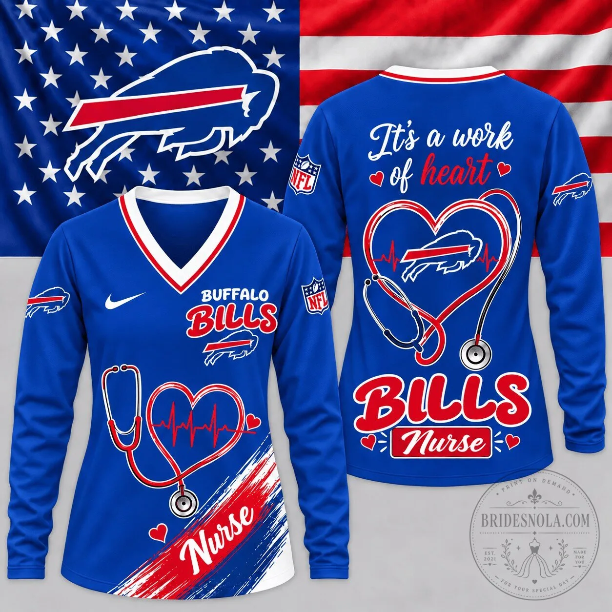 Buffalo Bills Nurse Heartbeat Pride V-Neck Long Sleeve Shirt
