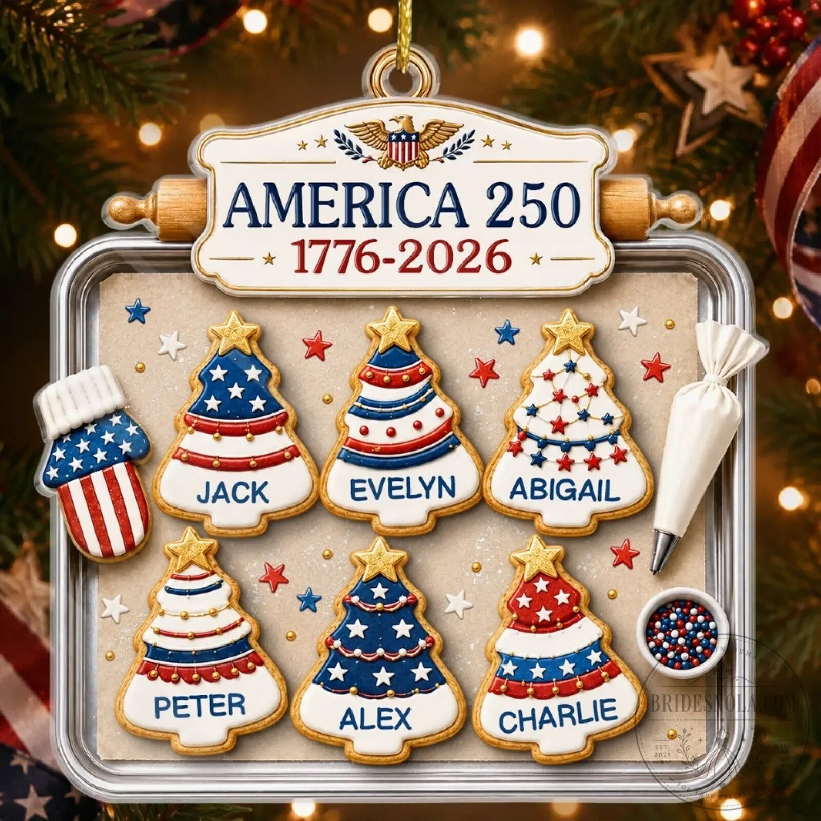 America 250th Anniversary Personalized Christmas Tree Cookie Ornament