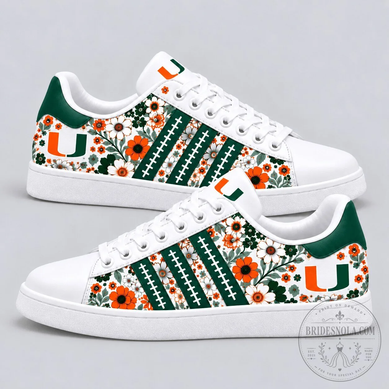 Miami Hurricanes Floral Pattern White Sneakers with Green and Orange Accents