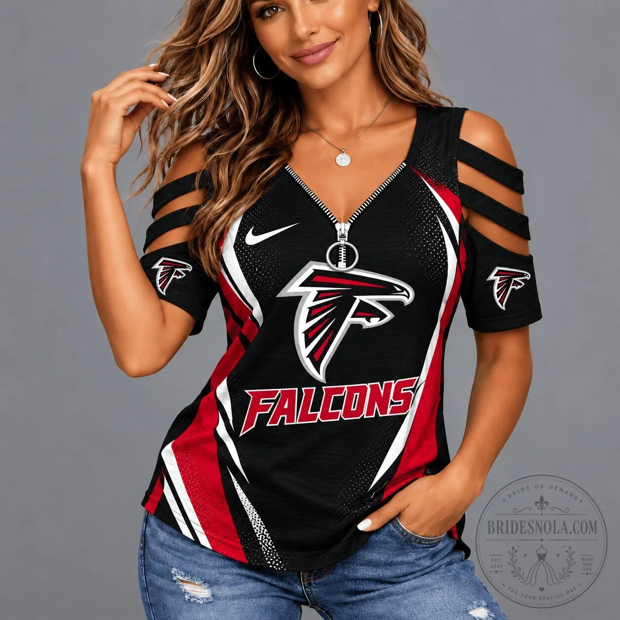 Atlanta Falcons Women's Cold Shoulder V-Neck Zipper T-Shirt