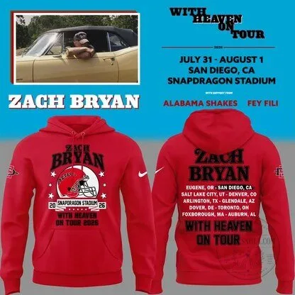 Zach Bryan With Heaven On Tour 2026 Snapdragon Stadium Red Hoodie