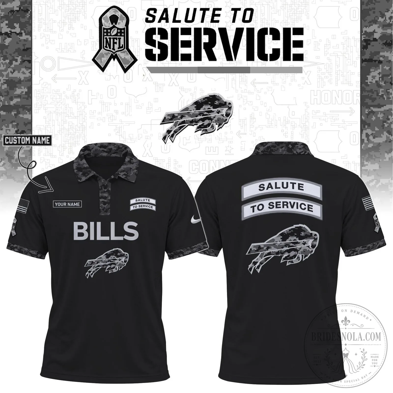 Buffalo Bills Salute To Service Black Camouflage NFL Football Polo Shirt