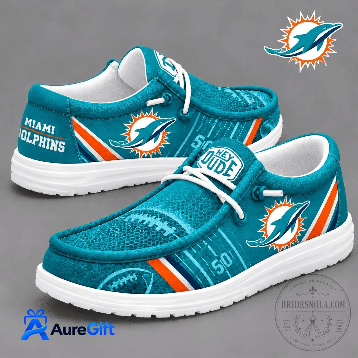 Miami Dolphins NFL Team Logo Aqua Blue Loafer Shoes