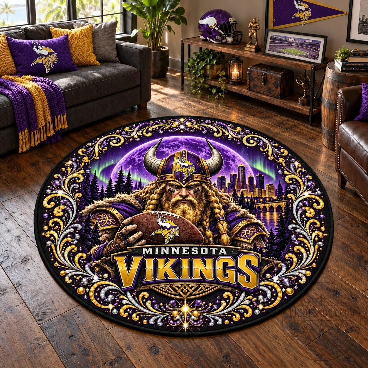 Minnesota Vikings Football Team Viking Warrior Round Rug