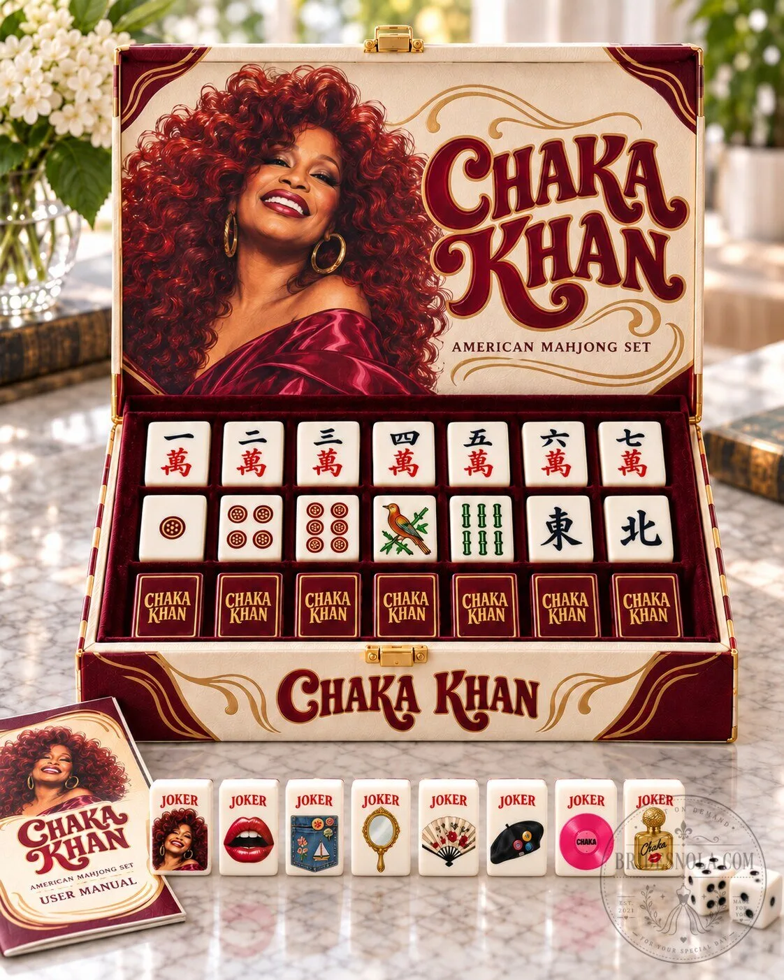 Chaka Khan American Mahjong Game Set with Custom Tiles and User Manual