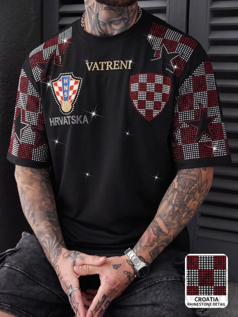 Croatia Football Team Rhinestone Embellished Black Fan T-Shirt